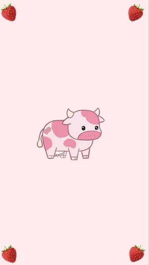 Cute Kawaii Strawberry Cow In A Playful Strawberry Field Wallpaper
