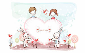 Cute Love Bunnies And Kids Wallpaper