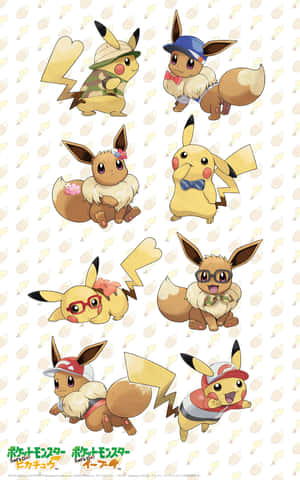 Cute Pikachu And Eevee Play Together Wallpaper