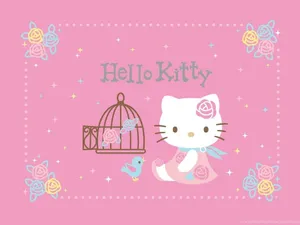 Cute Pink Hello Kitty Birds Cage Wallpaper