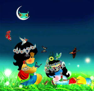 Cute Radha Krishna Frog Moon Wallpaper