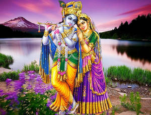 Cute Radha Krishna Purple Mountain Wallpaper