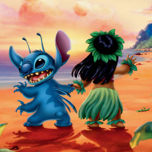 Cute Stitch With Hawaiian Girl Lilo Wallpaper