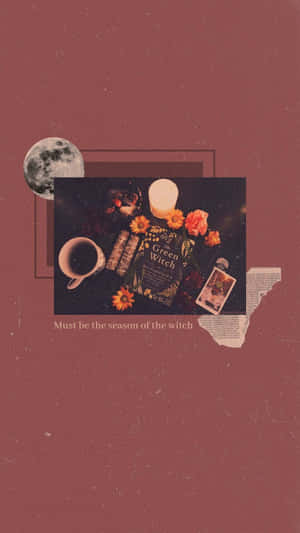 Cute Witchy Vintage Maroon Collage Wallpaper