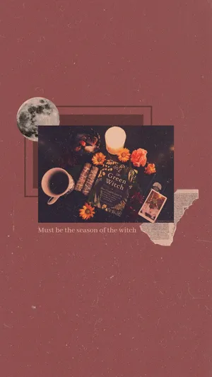 Cute Witchy Vintage Maroon Collage Wallpaper