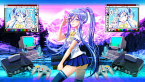 Cybercore Anime Girlwith Retro Gaming Setup Wallpaper