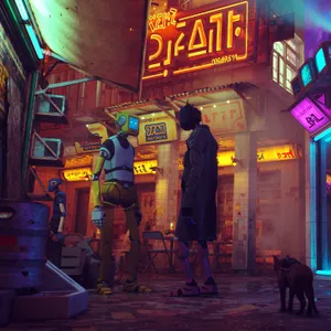 Cyberpunk_ Alley_with_ Robots_and_ Cat Wallpaper