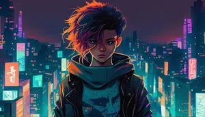 Cyberpunk_ Anime_ Character_with_ City_ Backdrop Wallpaper