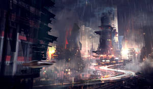 Cyberpunk City Lights In Rain Wallpaper