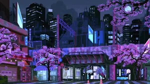 Cyberpunk Cityscape With Cherry Blossoms Wallpaper