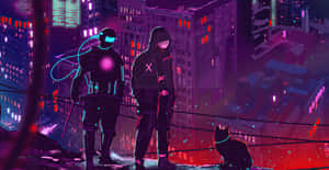 Cyberpunk_ Cityscape_with_ Figures_and_ Cat.jpg Wallpaper