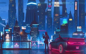 Cyberpunk Cityscapewith Figureand Car Wallpaper