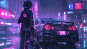 Cyberpunk Night Anime Car Wallpaper