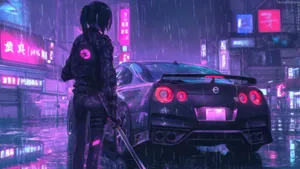 Cyberpunk Night Anime Car Wallpaper