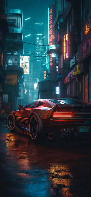 Cyberpunk_ Sports Car_in_ Rainy_ Cityscape Wallpaper