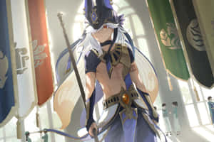 Cyno Anime Character Standing Among Banners Wallpaper