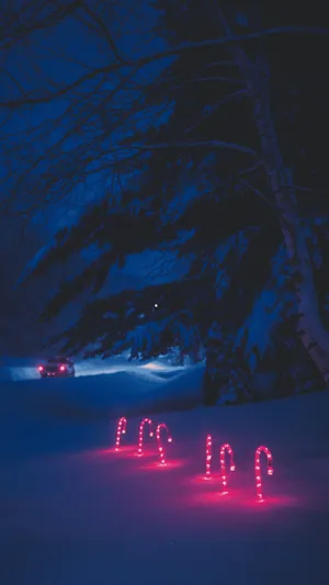 Dark Christmas Candy Cane Lightsin Snow Wallpaper