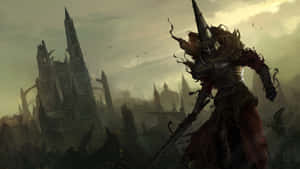 Dark_ Fantasy_ Warrior_ Before_ Ruined_ Cathedral Wallpaper