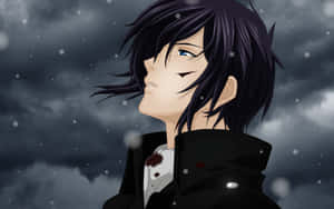 Dark Haired Anime Boy Snowy Backdrop Wallpaper