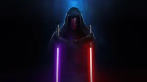 Dark Hooded Figure Dual Lightsabers4 K Wallpaper