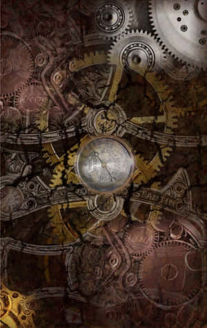 Dark Steampunk Cityscape With Airship And Gears Wallpaper