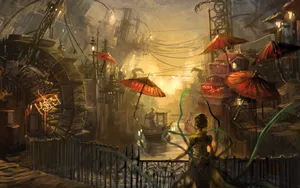 Dark Steampunk Industrial Cityscape Wallpaper