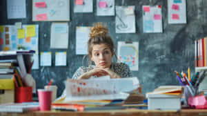 Daydreaming Studentin Cluttered Study Area Wallpaper