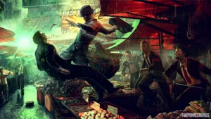 Dedicated Martial Artist Showcasing Skills At A Market Wallpaper