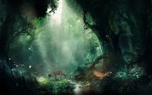 Deer Grazing In An Enchanted Forest Wallpaper