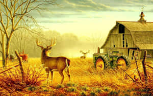 Deer With Tractors Country Scenes Wallpaper