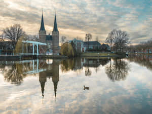 Delft Oostpoort Reflections Wallpaper