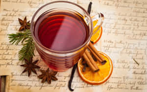 Delicious Warm Mulled Wine In A Glass With Spices Wallpaper