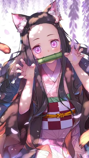 Demon Slayer Cute Nezuko Kamado With Fox Ears Wallpaper
