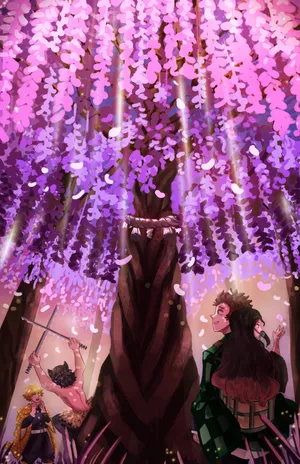 Demon Slayer Scenery Characters Cherry Blossom Tree Wallpaper