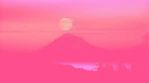 Desktop Pink Aesthetic Foggy Mountain And Moon Wallpaper