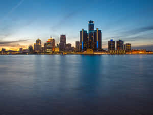 Detroit Skyline Dusk Reflection Water Wallpaper