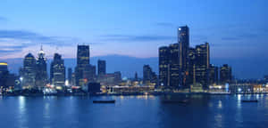 Detroit Skyline Dusk Waterfront View Wallpaper