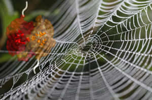 Dewy Spider Webwith Blurred Flower Background Wallpaper