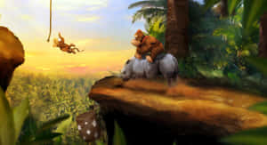 Diddy Kong Swinging Into Action In Vibrant Jungle Setting Wallpaper