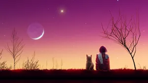 Dog And Girl Moon Light View Wallpaper
