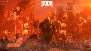 Doom - A Man Standing In Front Of A Group Of Zombies Wallpaper