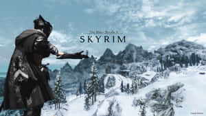 Dovahkiin Hero In Action Amidst A Scenic Skyrim Landscape. Wallpaper