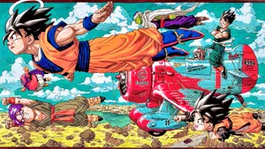 Dragon Ball Z Flying Charactersand Capsule Corp Helicopter Wallpaper