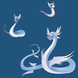 Dragonair And Dratini Illustration Blue Background Wallpaper