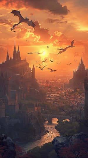 Dragons_ Sunset_ Fantasy_ Kingdom Wallpaper