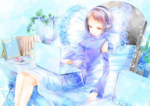 Dreamy Anime Girl Sleeps In Front Of Laptop Wallpaper