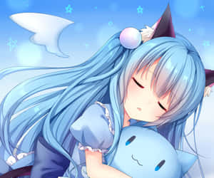 Dreamy_ Blue_ Anime_ Girl_with_ Plushie Wallpaper