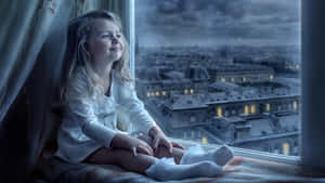 Dreamy City View Little Girl Wallpaper