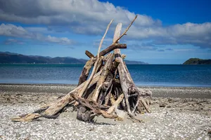 Driftwood Structureon Beach Wallpaper
