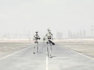 Droid Walking Road City Wallpaper